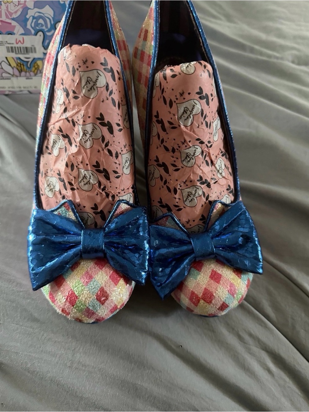 Colorful Plaid Heels with Shiny Blue Bow